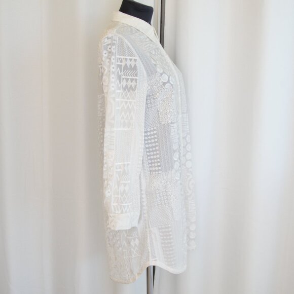 Alice + Olivia Tanisha White Embroidered Patchwork Button Down Tunic Shirt Sz S - Picture 3 of 9